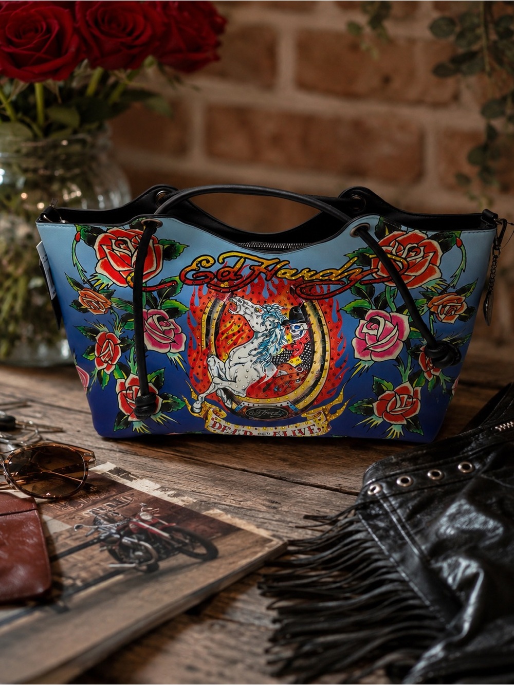 NWT Ed Hardy Dead Or Alive Rhinestone Tote Bag Blue Ombre Rose Skull Horse Purse